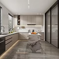 Modern Light Gray Kitchen Interior With Island Countertop Cabinets Appliances And Window Blinds