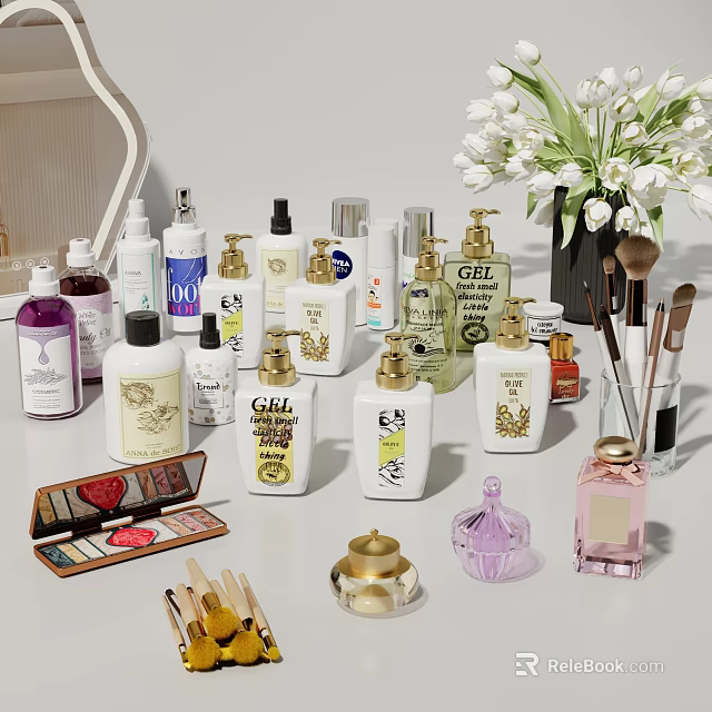 Chic Bathroom Accessories Display With Bottles And Decor 3d model 