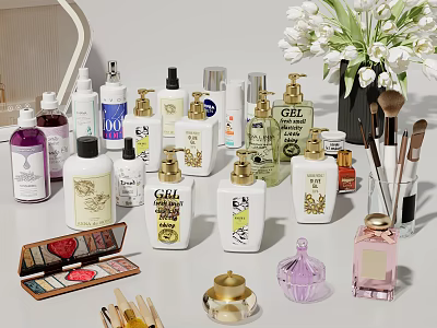 Chic Bathroom Accessories Display With Bottles And Decor 3d model