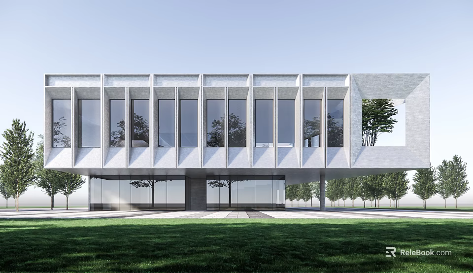 Modern Sales Office Building With Large Glass Windows And Front Lawn Landscape 3d model 
