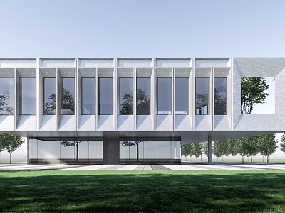 Modern Sales Office Building With Large Glass Windows And Front Lawn Landscape 3d model