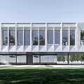 Modern Sales Office Building With Large Glass Windows And Front Lawn Landscape