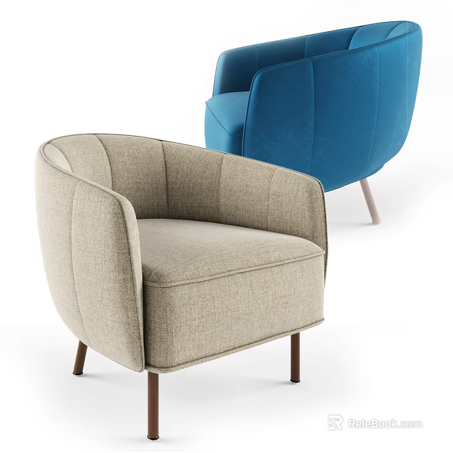 Modern Accent Chair Beige And Blue Upholstered Fabric With Wooden Legs 3d model 