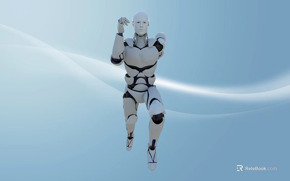 Intelligent Robot With White And Black Body Jumping In Light Blue Wavy Background 3d model 