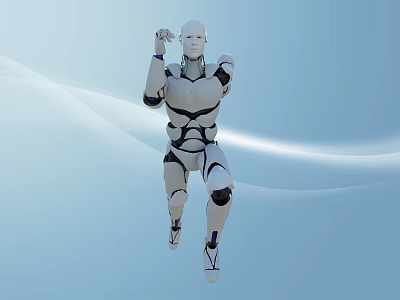 Intelligent Robot With White And Black Body Jumping In Light Blue Wavy Background 3d model