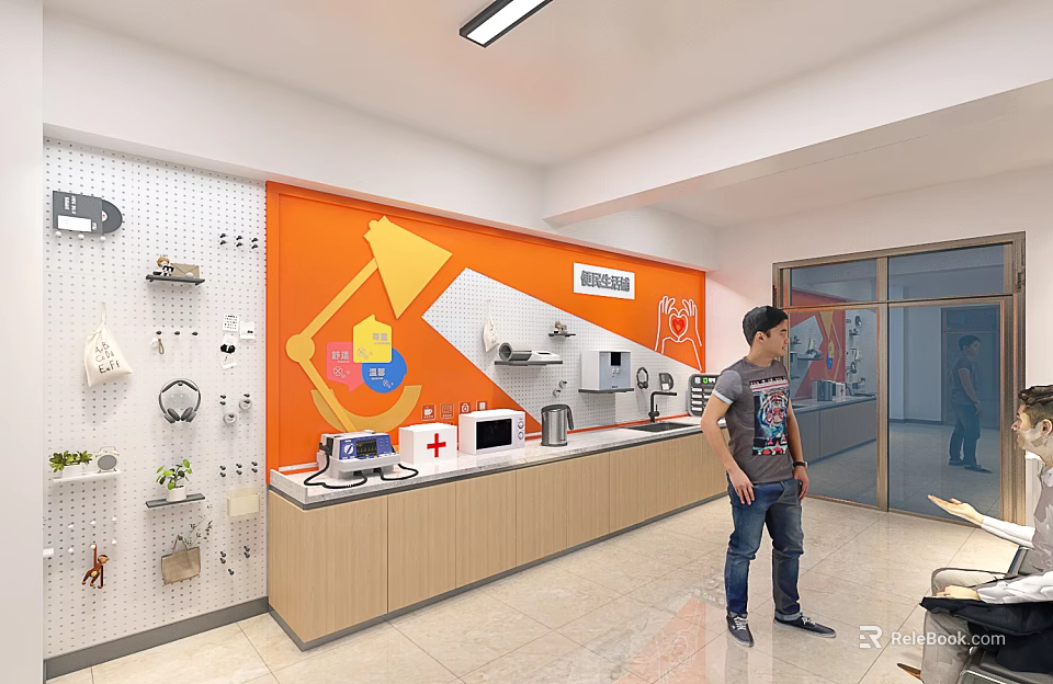 Modern Retail Store Interior With Orange Wall Product Display Counter And Standing Man 3d model 
