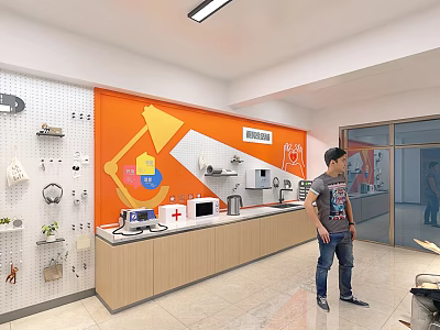 Modern Retail Store Interior With Orange Wall Product Display Counter And Standing Man 3d model