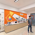 Modern Retail Store Interior With Orange Wall Product Display Counter And Standing Man