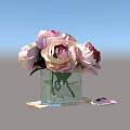 Blooming Pink Peonies in Clear Square Glass Vase with Scattered Petals