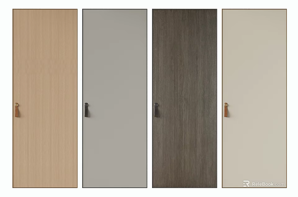 Modern Hinged Doors In Various Wood Grain Colors With Stylish Handles 3d model 