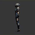 Female Sci Fi Game and Movie Character in Blue Armor With Orange Details