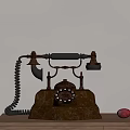 Vintage Brass Telephone With Rotary Dial On Wooden Cabinet And Red Fruits