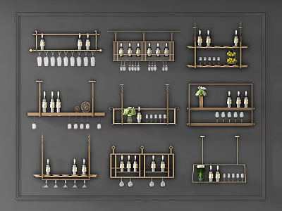Wall Mounted Wine Cabinet Design With Multiple Shelves Holding Wine Bottles And Glasses 3d model