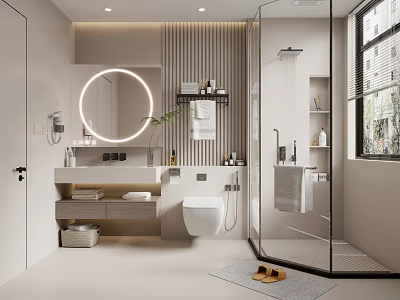 Modern Bathroom Interior Design With Round Mirror Vanity Smart Toilet And Glass Shower 3d model