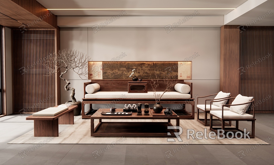 Chinese Living Room Luohan Bed Sofa Coffee Table Combination Circle Chair Leisure Chair Dried Branches Bonsai model