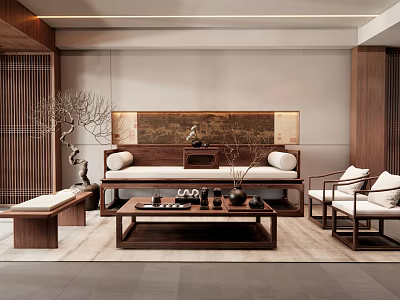 Chinese Living Room Luohan Bed Sofa Coffee Table Combination Circle Chair Leisure Chair Dried Branches Bonsai 3d model