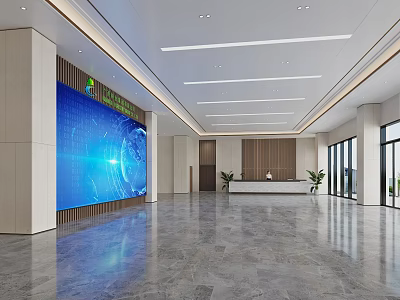 Modern Lobby Interior Design With Large Screen Reception Desk Green Plants And Marble Floor 3d model