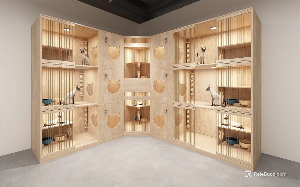 Wooden Cat Furniture with Multiple Shelves and Cozy Beds for Pet Living 3d model 