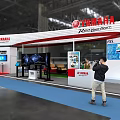 YAMAHA Exhibition Booth Featuring Red and White Design Large Display Screens and Counters