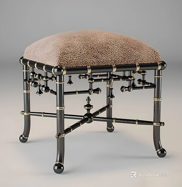Leopard Print Padded Stool With Black Metal Frame And Gold Accents 3d model 