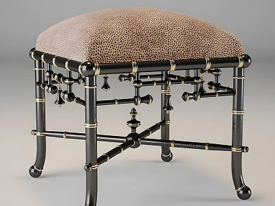 Leopard Print Padded Stool With Black Metal Frame And Gold Accents 3d model