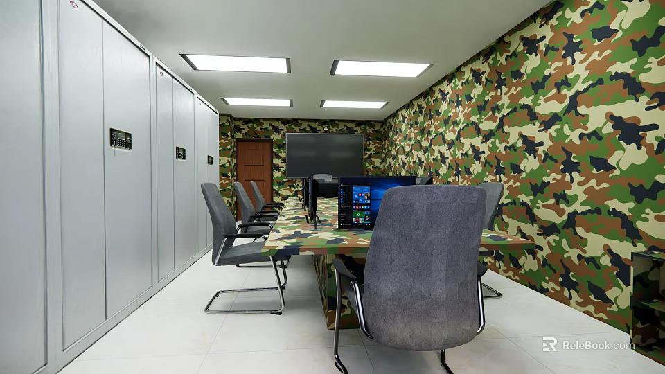 Conference Room With Camouflage Walls Long Table Chairs Cabinets Computer And Projector Screen 3d model 