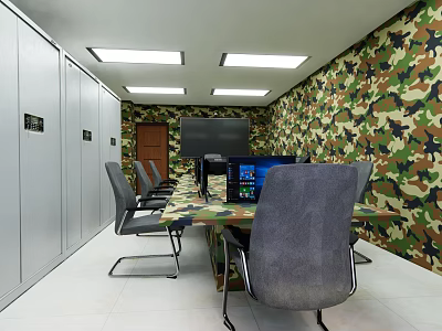 Conference Room With Camouflage Walls Long Table Chairs Cabinets Computer And Projector Screen 3d model