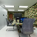 Conference Room With Camouflage Walls Long Table Chairs Cabinets Computer And Projector Screen