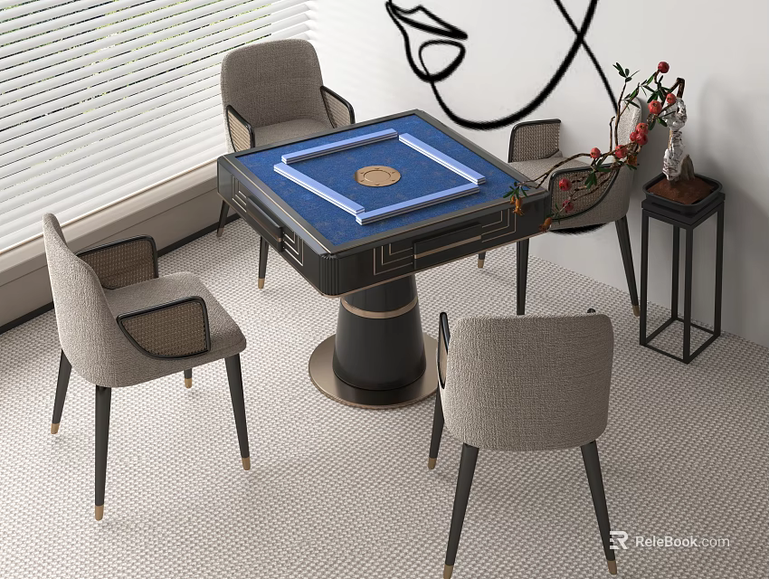 Modern Mahjong Table Setup With Chairs In Stylish Living Room 3d model 