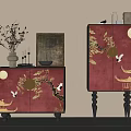 Chinese Style Red Console and Side Cabinet with Golden Crane Pattern and Decorative Black Legs