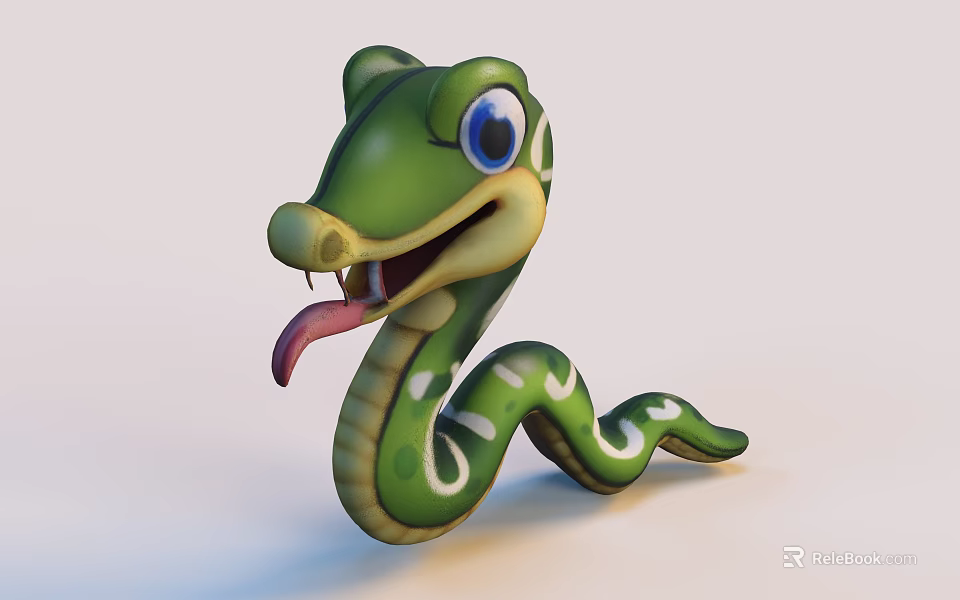 Cute Green Cartoon Snake With Big Blue Eyes And White Spots Sticking Tongue Out 3d model 