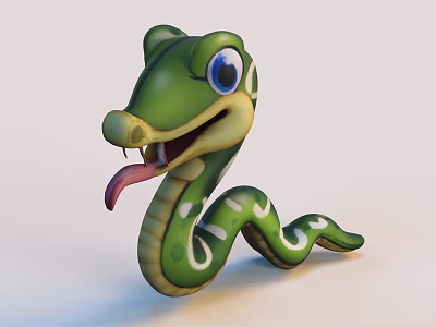 Cute Green Cartoon Snake With Big Blue Eyes And White Spots Sticking Tongue Out 3d model