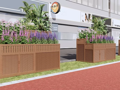 Wooden Flower Planters With Vibrant Purple Pink Flowers For Outdoor Street 3d model