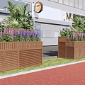 Wooden Flower Planters With Vibrant Purple Pink Flowers For Outdoor Street