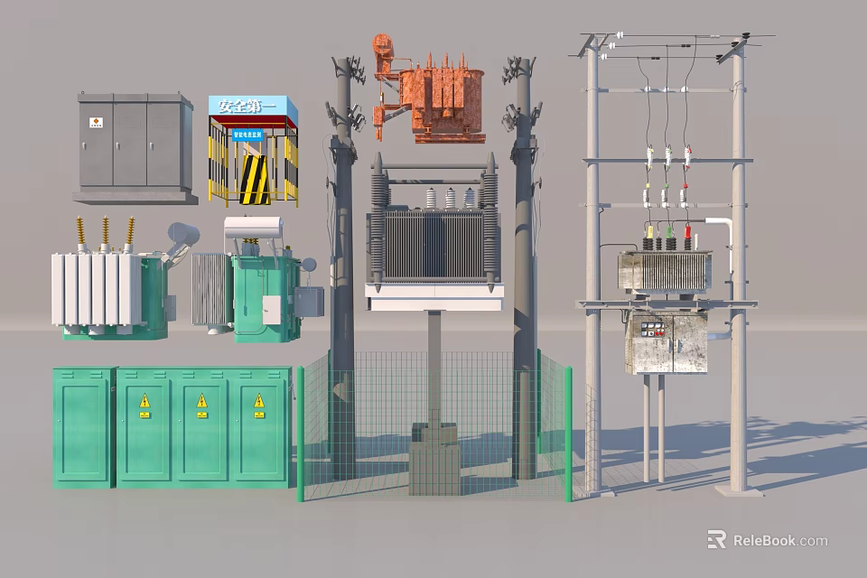 Industrial Equipment Featuring Electrical Transformers Elevators Green Enclosures Cabinets And Power Poles 3d model 