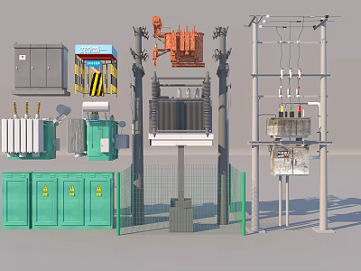 Industrial Equipment Featuring Electrical Transformers Elevators Green Enclosures Cabinets And Power Poles 3d model
