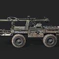 Military Wheeled Artillery Vehicle With Long Cannon And Green Camouflage Body