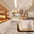 Modern Bright Dessert Shop Interior With Marble Display Counter And Glass Cases