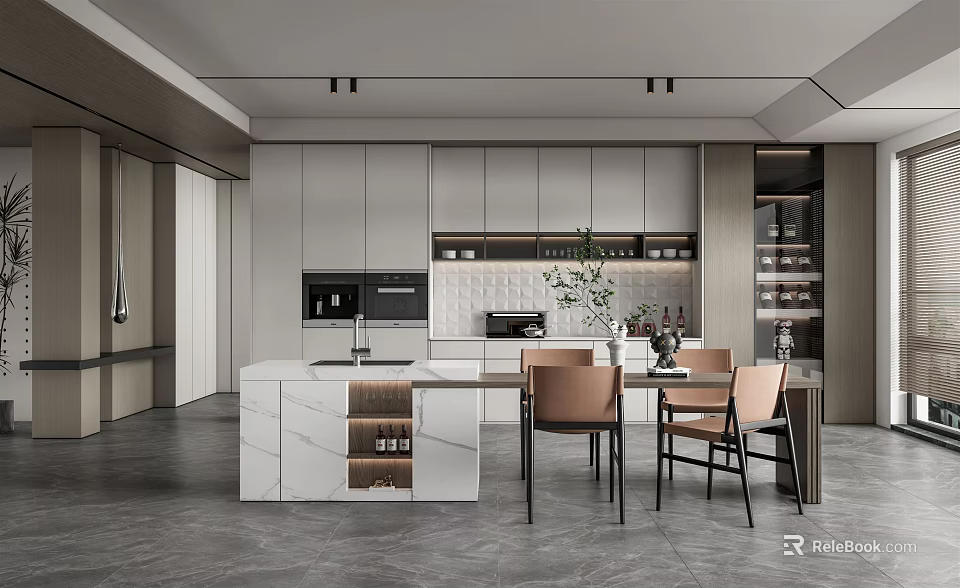 Modern Restaurant Kitchen Interior With Marble Island Counter Cabinets And Dining Chairs 3d model 