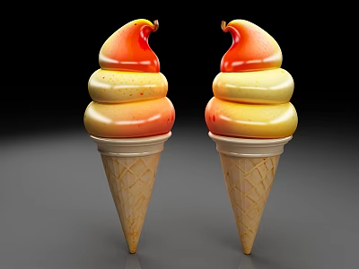 Two Colorful Ice Cream Cones With Layered Swirls And Red Fruit Topping In Waffle Cones 3d model