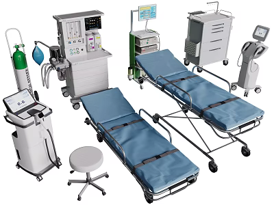 Comprehensive Medical Equipment Collection Featuring Stretchers Monitors Carts Oxygen Tanks And Stools 3d model