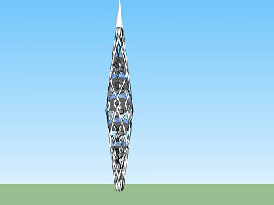 Modern Spiral Tower With Lattice Structure Against Blue Sky And Green Ground 3d model