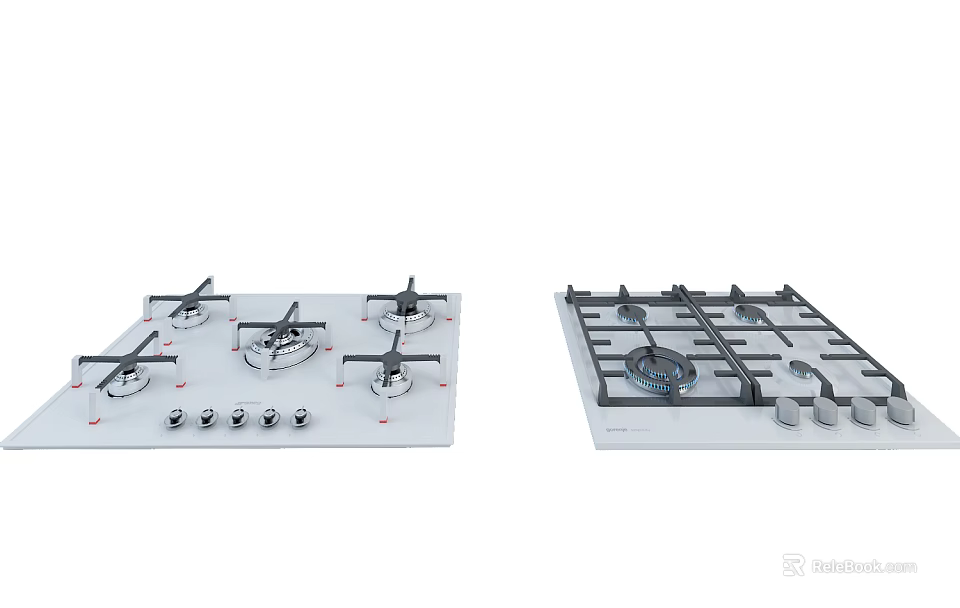 Modern Kitchen Gas Stoves With White Black Panels Multiple Burners And Control Knobs 3d model 