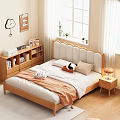Cozy Bedroom Wooden Beige Upholstered Double Bed With Panda Pillow Orange Blanket Table Lamp And Bookshelf