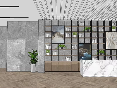Modern Shop Front Desk With Gray Marble Wall Wooden Bookshelves Green Plants White Marble Countertop 3d model