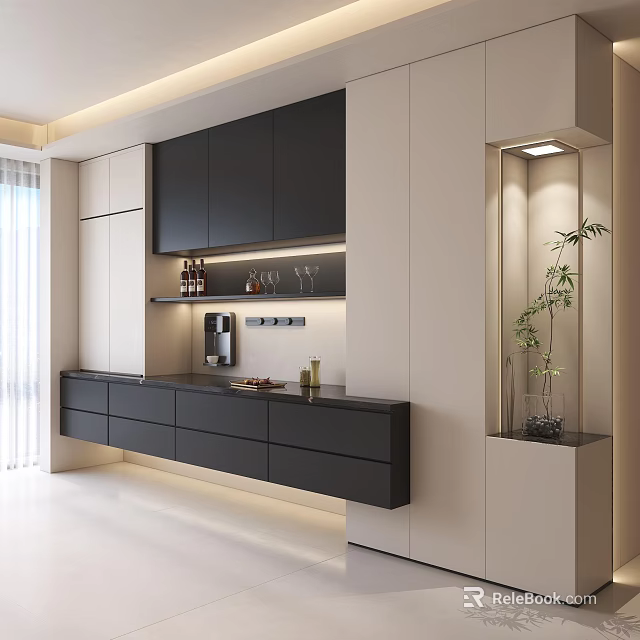 Modern Contemporary Sideboard with Black Drawers White Cabinets Decorative Wine Glasses Lighting in Living Dining Room 3d model 