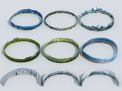 Circular Garden Landscape Models with Various Designs Featuring Green Vegetation Blue Water and Urban Scenery 3d model