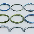 Circular Garden Landscape Models with Various Designs Featuring Green Vegetation Blue Water and Urban Scenery