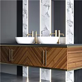 Elegant Bathroom Vanity With Double White Washbasins Golden Faucets Marble Wall And Wooden Cabinet