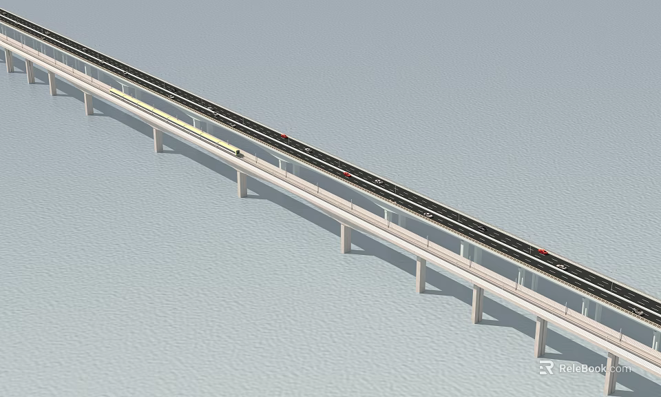 Long Bridge Over Water With Concrete Pillars Multiple Lanes And Vehicle Traffic 3d model 